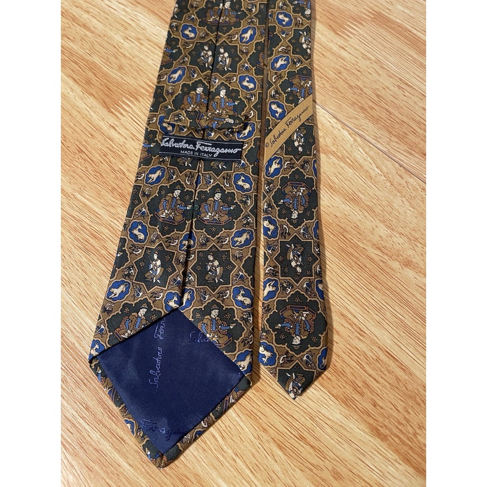 Salvatore Ferragamo Italy Vintage Silk Tie: Medieval Court & Menagerie Motif